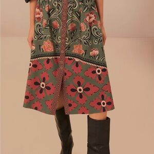 Farm Rio belted Floral Green and Red Skirt with front buttons